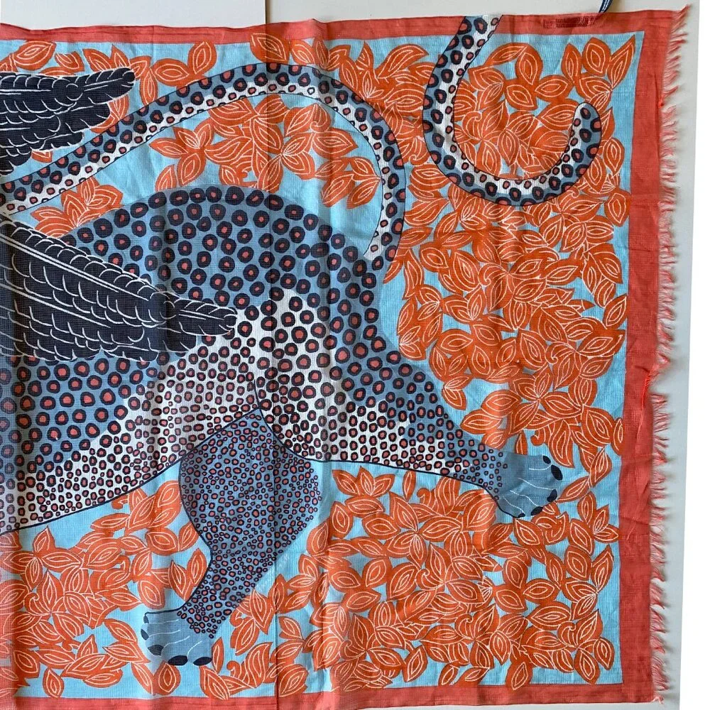 Inouitoosh Cotton and Silk Wing Cheetah Orange Blue Scarf 78"x38" - Picture 7 of 8